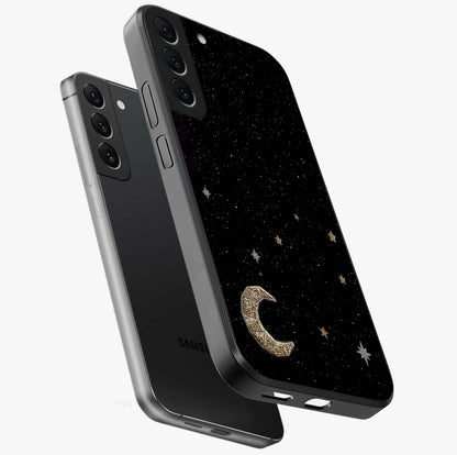 Twinkle Star With Half Moon Glass Case displayed in angled mockup highlighting celestial moon and star design with magical aesthetic.