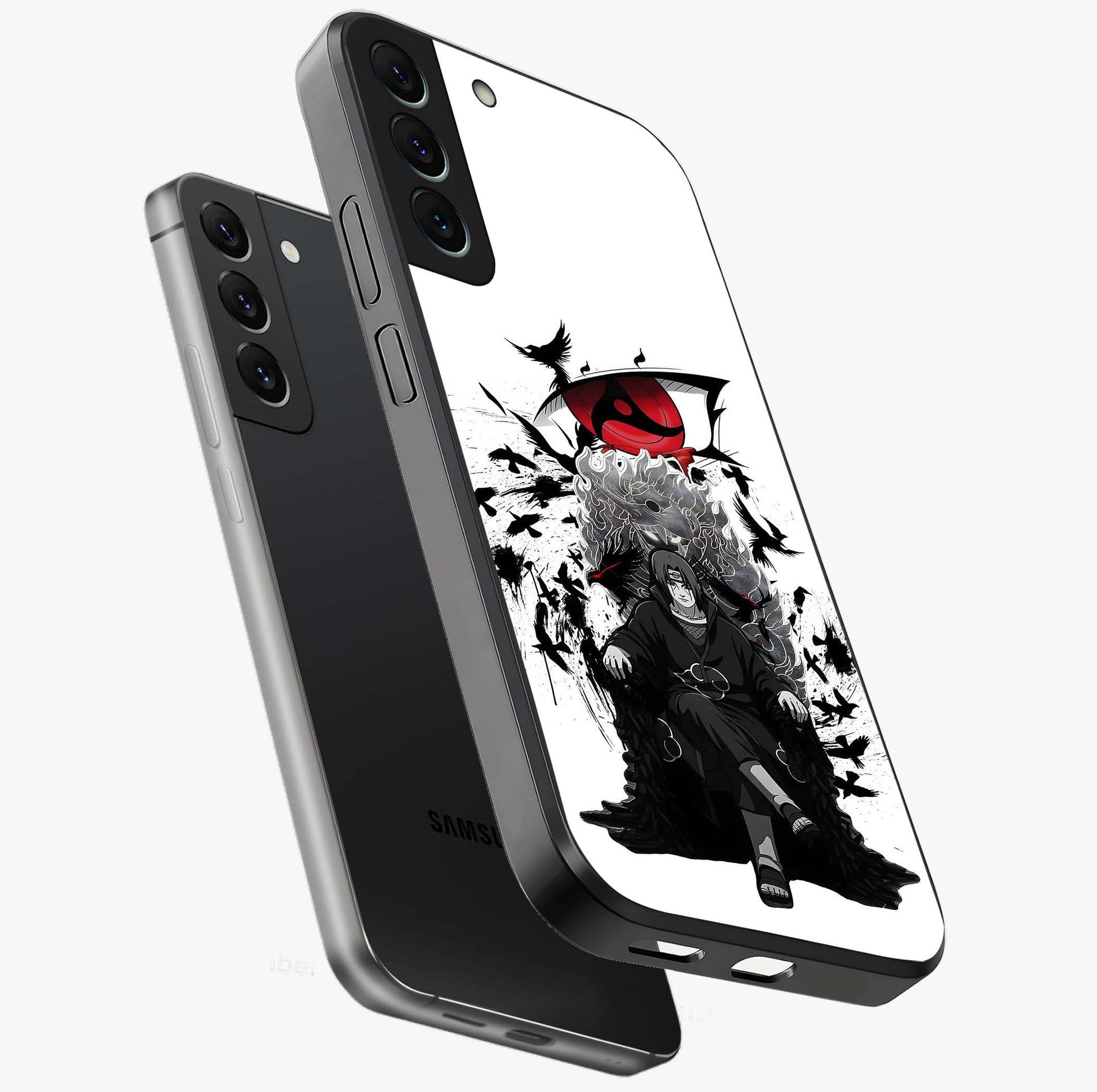 Uchiha Shadow Throne Glass Case displayed in angled mockup highlighting glowing aquatic design with celestial aesthetic.
