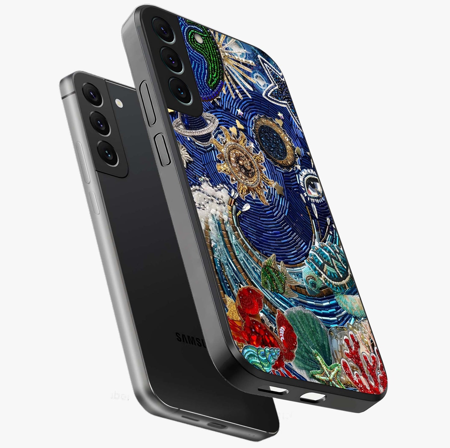 Universe Underwater Spark Glass Case displayed in angled mockup highlighting glowing aquatic design with celestial aesthetic.