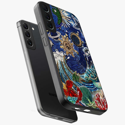 Universe Underwater Spark Glass Case displayed in angled mockup highlighting glowing aquatic design with celestial aesthetic.