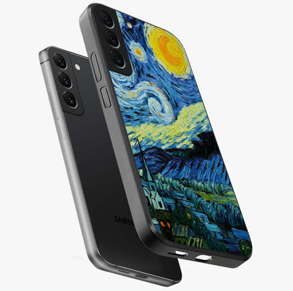 Van Gogh Art Glass Case displayed in angled mockup highlighting swirling brushstroke design with artistic aesthetic.