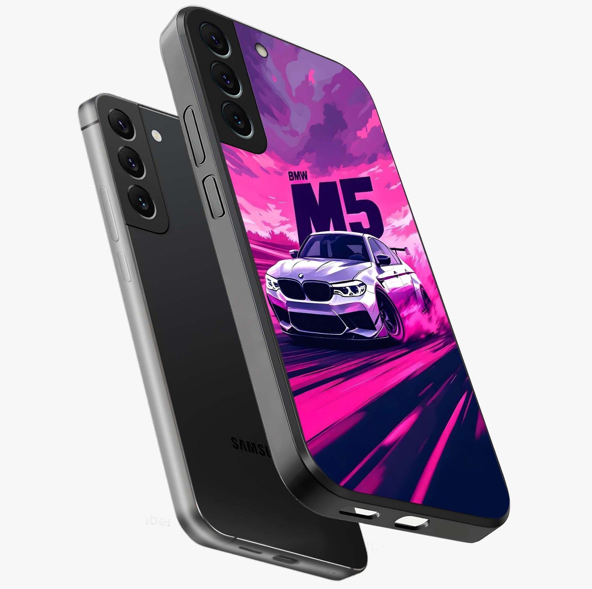 Velocity Drift Pulse Glass Case displayed in angled mockup highlighting dynamic drift design with sporty automotive aesthetic.