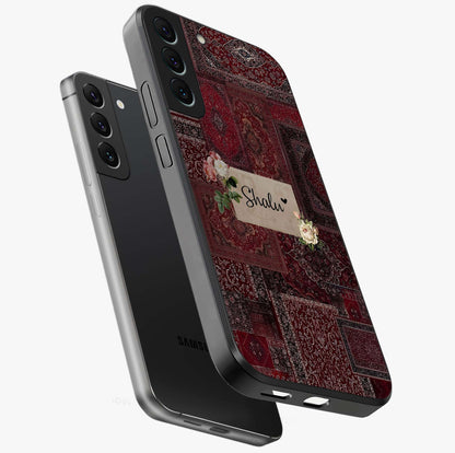 Velvet Wine Pattern Custom Name Glass Case displayed in angled mockup highlighting decorative velvet inspired design with custom name feature.