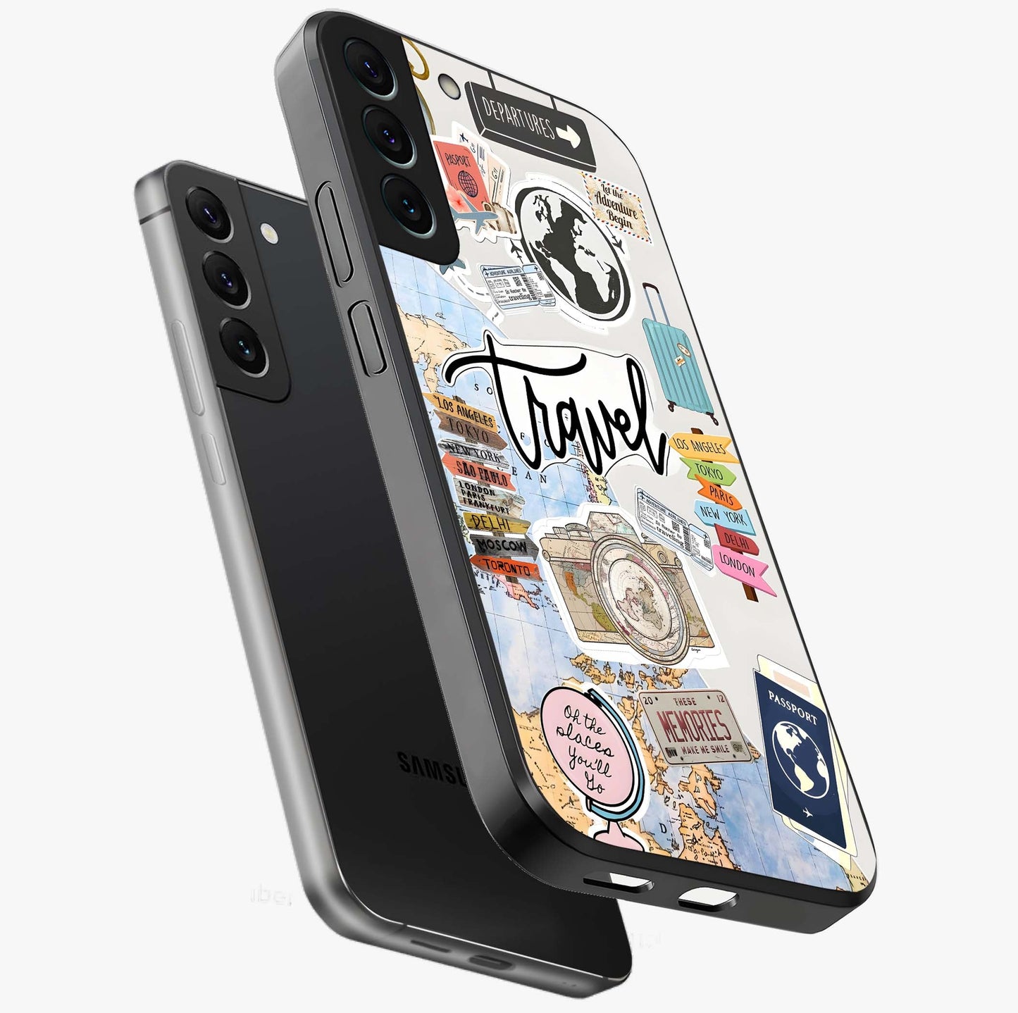 Wanderlust Journal Glass Case displayed in angled mockup highlighting adventure themed design with aesthetic travel vibe.
