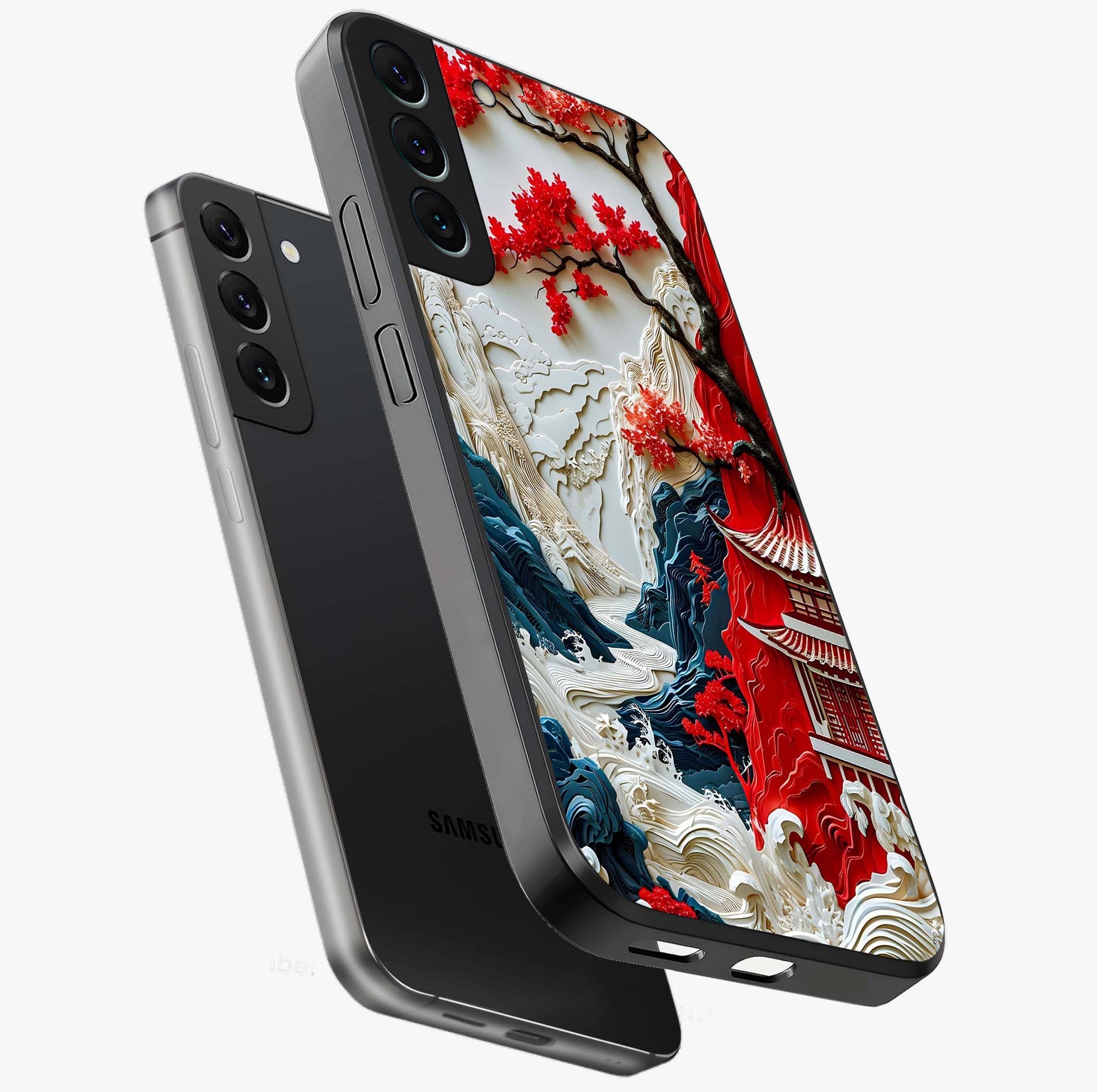 Whispers Of Sakura Waves Glass Case displayed in angled mockup highlighting flowing sakura design with soft floral aesthetic.