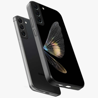 Whispers Of Wings Glass Case displayed in angled mockup highlighting soft feather design with celestial aesthetic style.