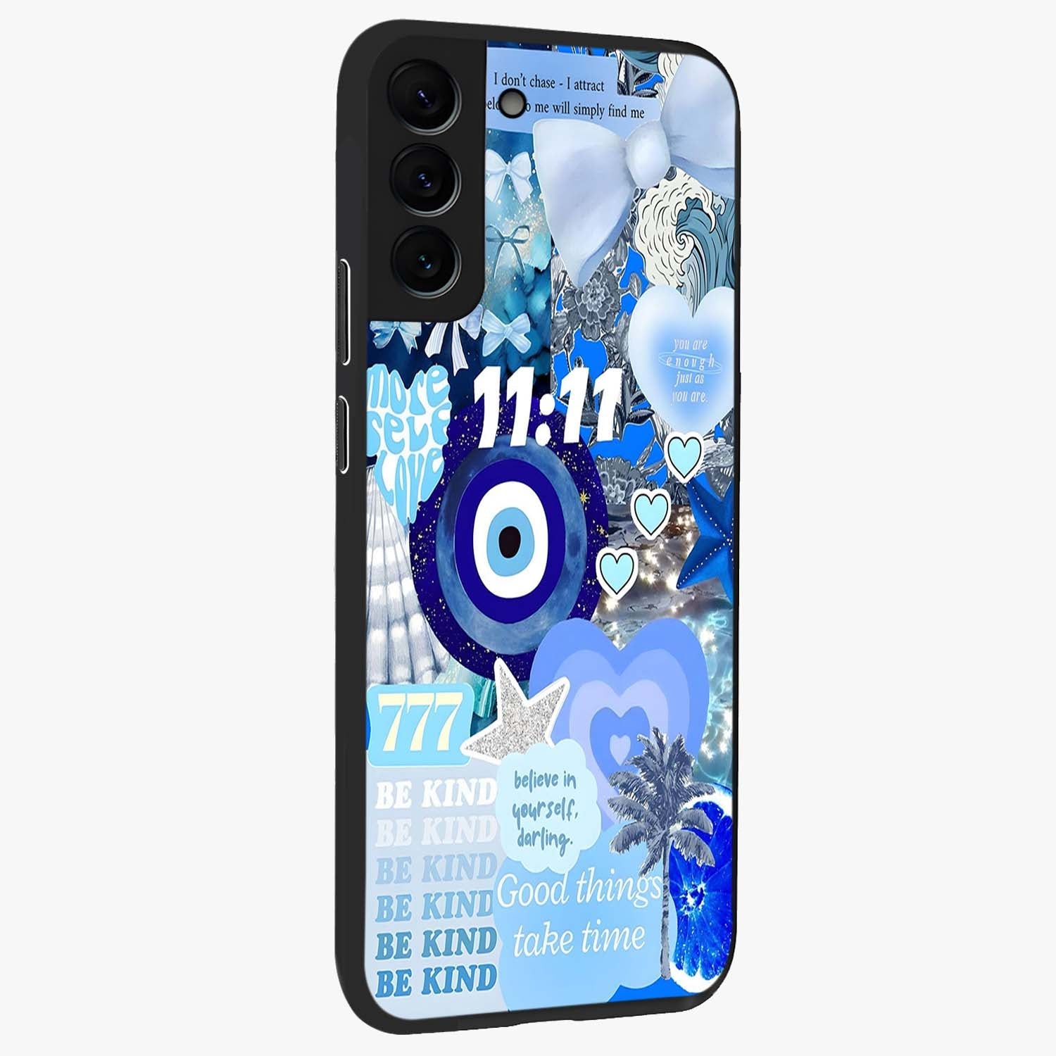 Aesthetic Be Kind Eye Glass Case upright view showcasing stylish eye illustration with positive message theme.