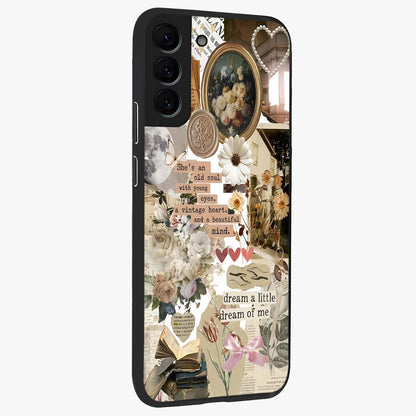Aesthetic Brown Vintage Collage Glass Case upright view showcasing nostalgic retro artwork with stylish vintage theme.