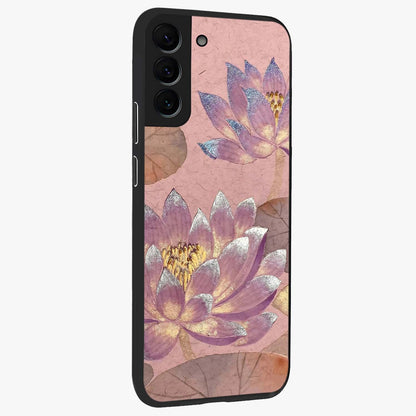 Blossom Mist Lotus Glass Case upright view showcasing graceful lotus flower design with peaceful botanical style.