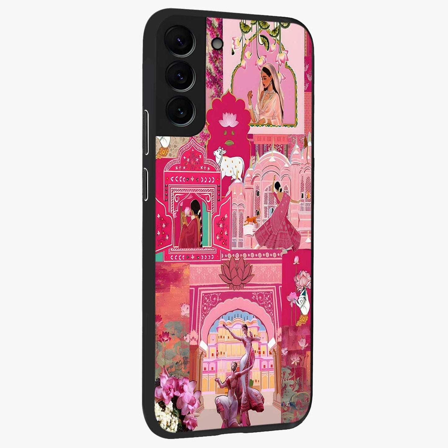Blossoms of Rajasthan Glass Case upright view showcasing colorful floral design inspired by traditional Indian art.