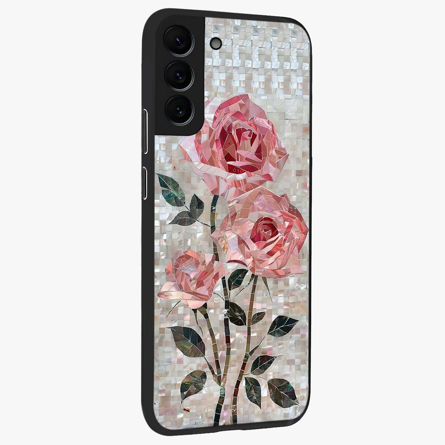 Blush Mosaic Bloom Glass Case upright view showcasing decorative floral mosaic artwork with stylish modern aesthetic.