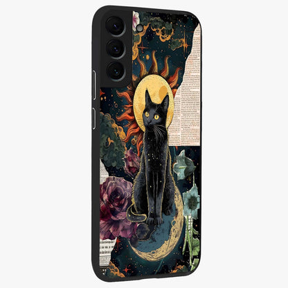 Celestial Black Cat Glass Case upright view showcasing magical black cat illustration with starry cosmic theme.