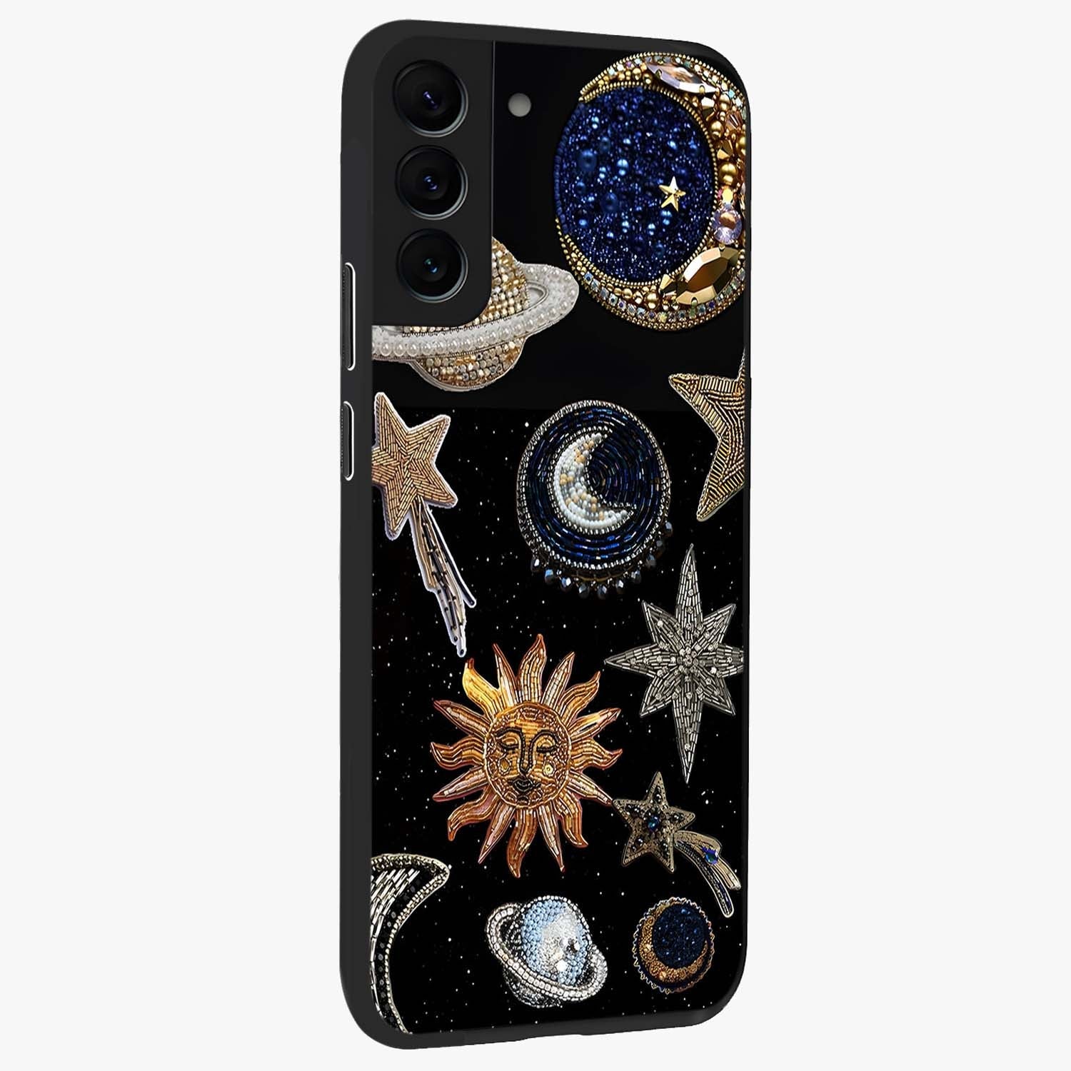 Celestial Gem Constellations Glass Case upright view showcasing cosmic constellation artwork with celestial aesthetic style.