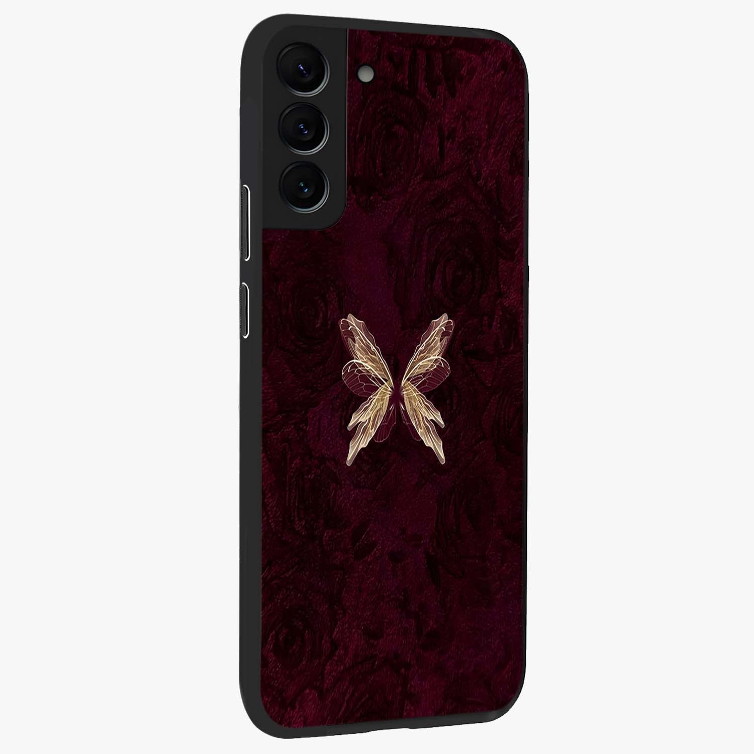 Crimson Fade Butterfly Glass Case upright view showcasing graceful butterfly artwork with soft crimson fade effect.