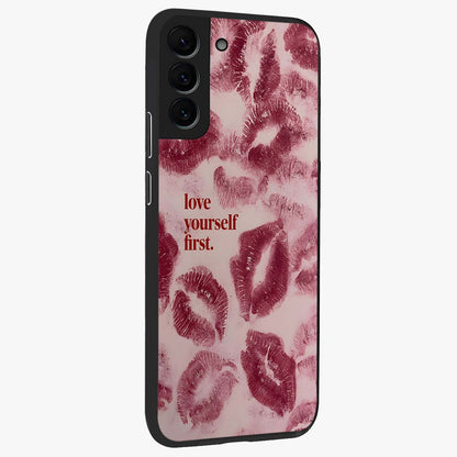 Crimson Kiss Love Glass Case upright view showcasing expressive romantic artwork with deep crimson theme.
