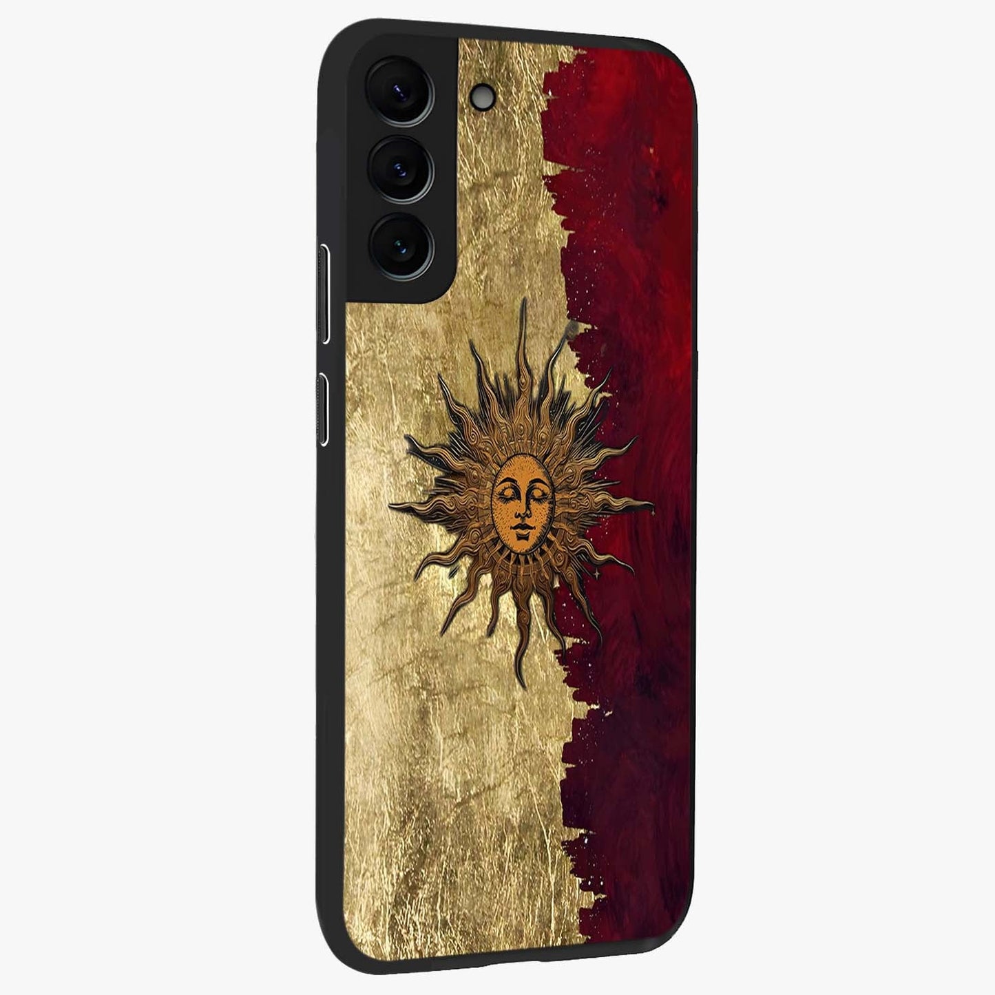 Crimson Sun Majesty Glass Case upright view showcasing vibrant sun artwork with powerful celestial theme.