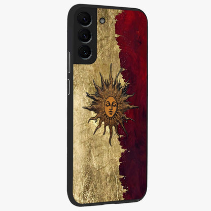 Crimson Sun Majesty Glass Case upright view showcasing vibrant sun artwork with powerful celestial theme.