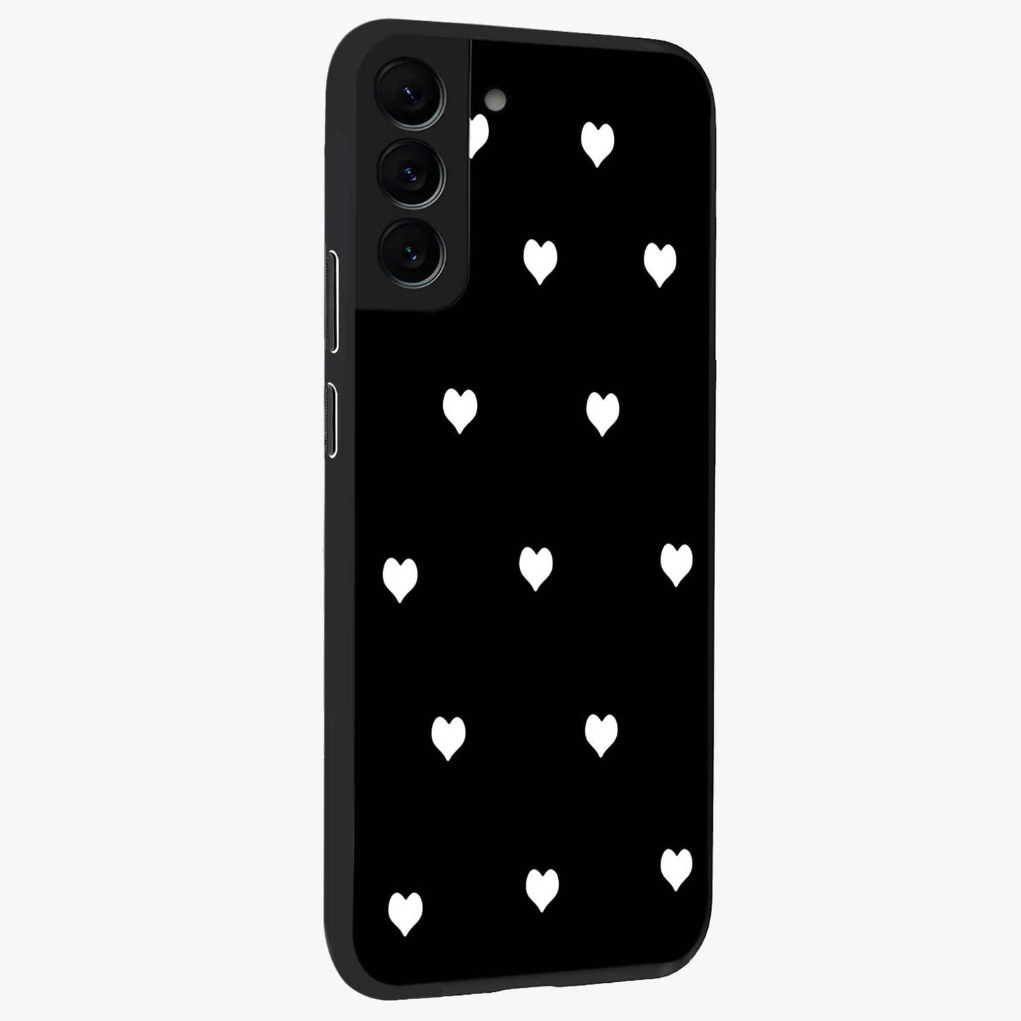 Cute And Simple White Hearts Glass Case upright view showcasing simple white hearts artwork with soft minimal theme.