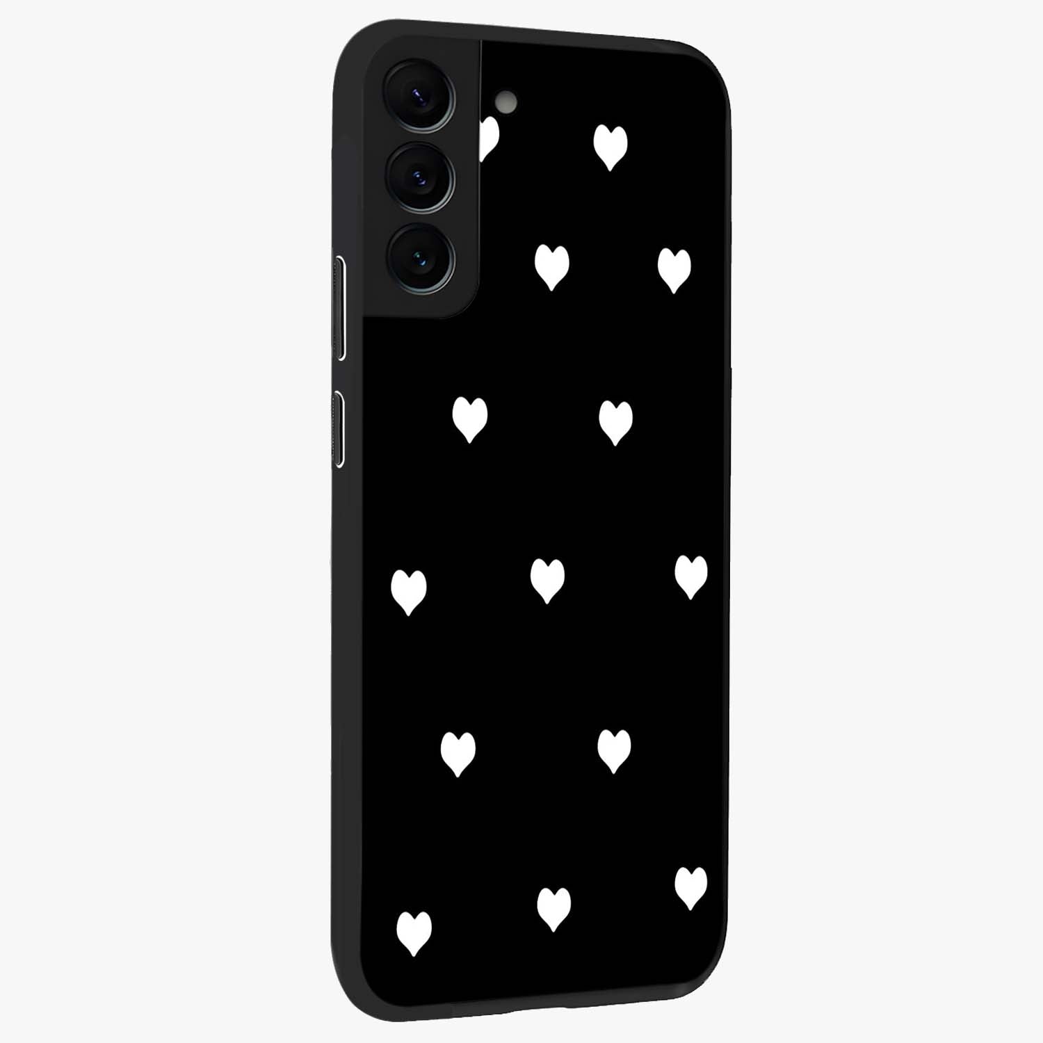 Cute And Simple White Hearts Glass Case upright view showcasing simple white hearts artwork with soft minimal theme.