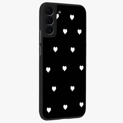 Cute And Simple White Hearts Glass Case upright view showcasing simple white hearts artwork with soft minimal theme.