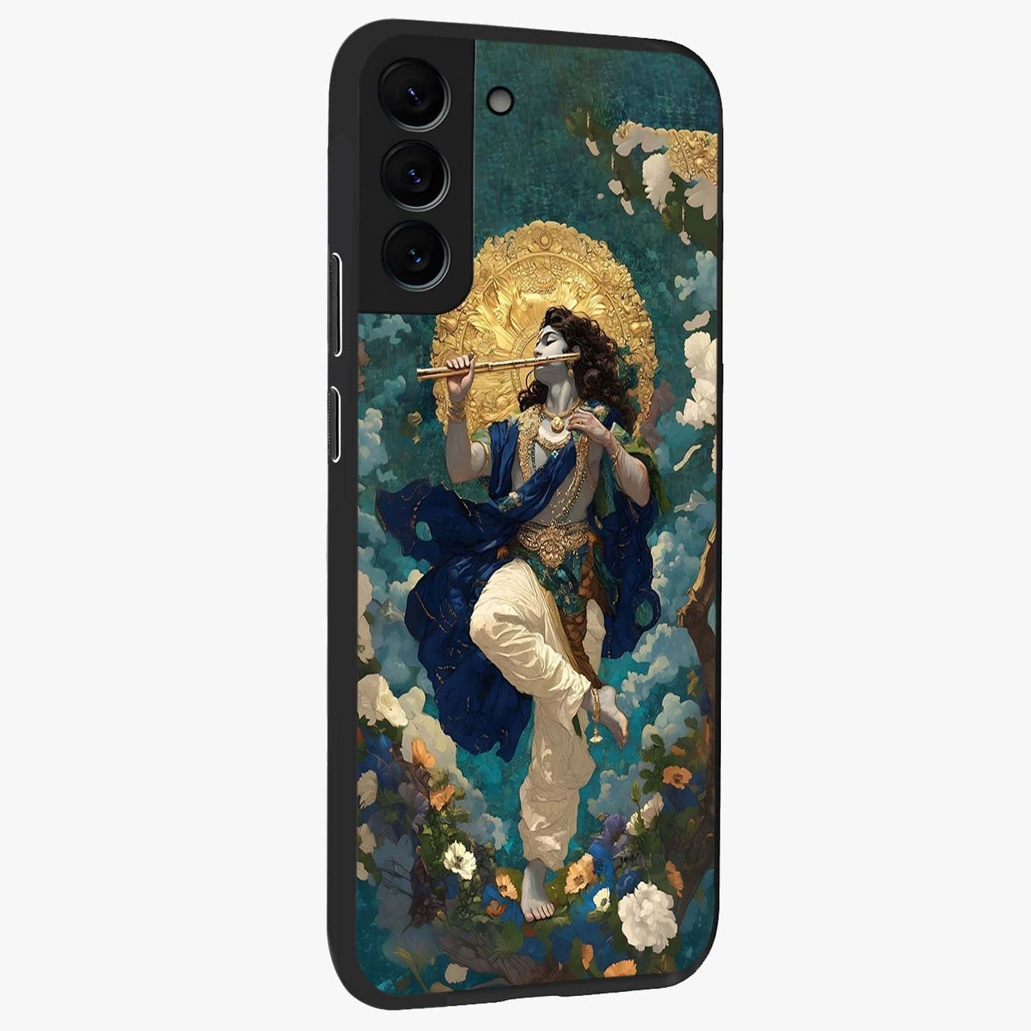 Divine Krishna Art Glass Case upright view showcasing divine Krishna artwork with sacred artistic theme.