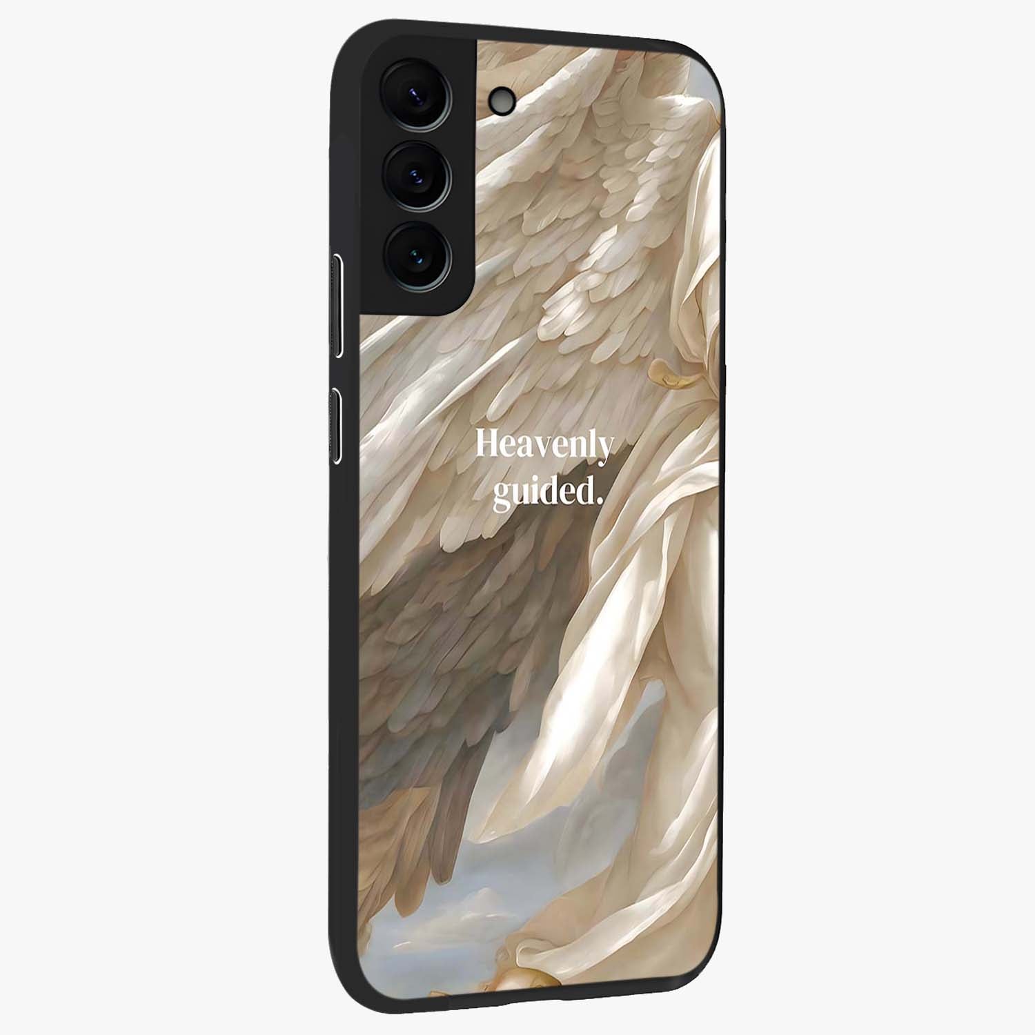 Divine Winged Grace Glass Case upright view showcasing spiritual wing artwork with soft celestial theme.