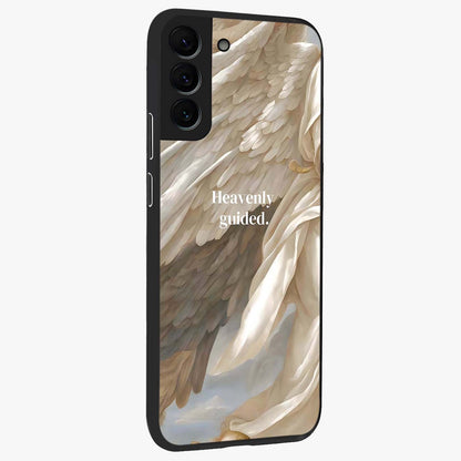 Divine Winged Grace Glass Case upright view showcasing spiritual wing artwork with soft celestial theme.