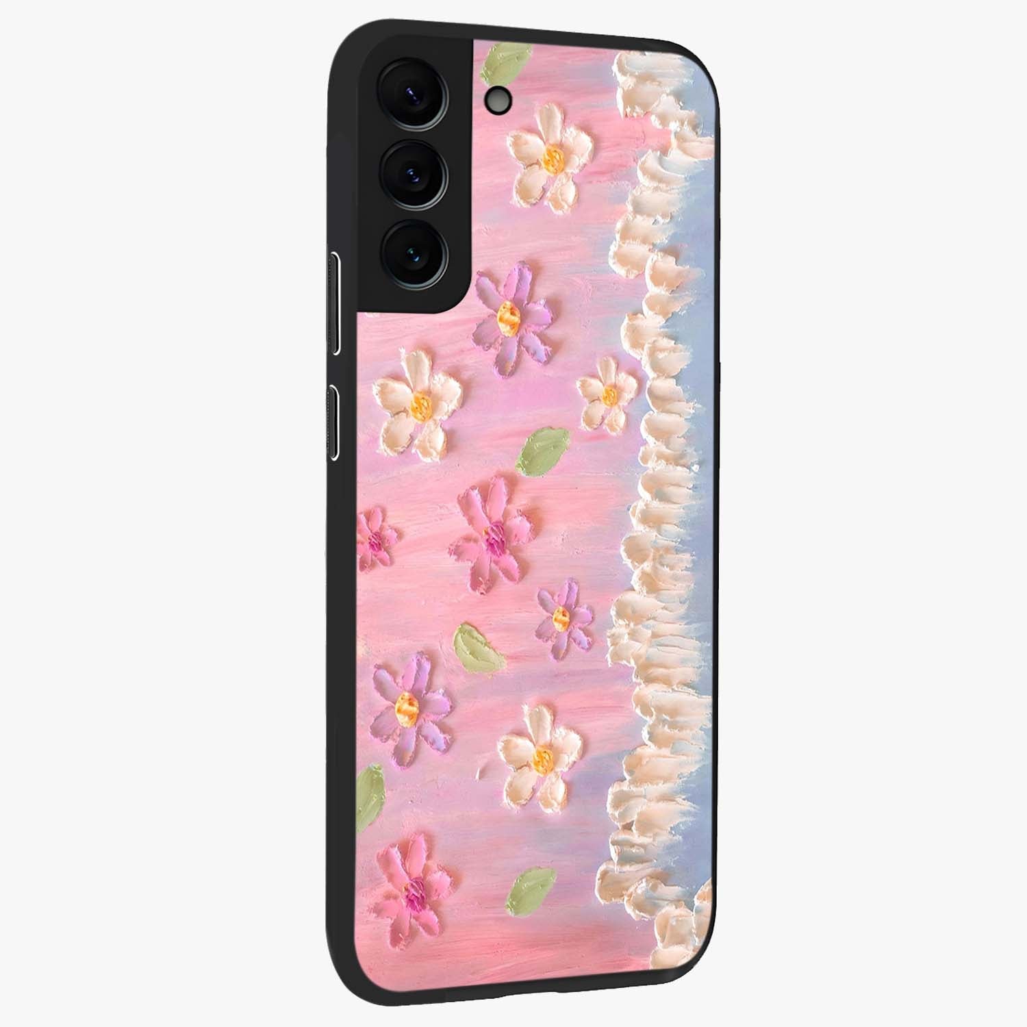 Dreamy Painted Garden Glass Case upright view showcasing vibrant floral garden artwork with artistic nature theme.