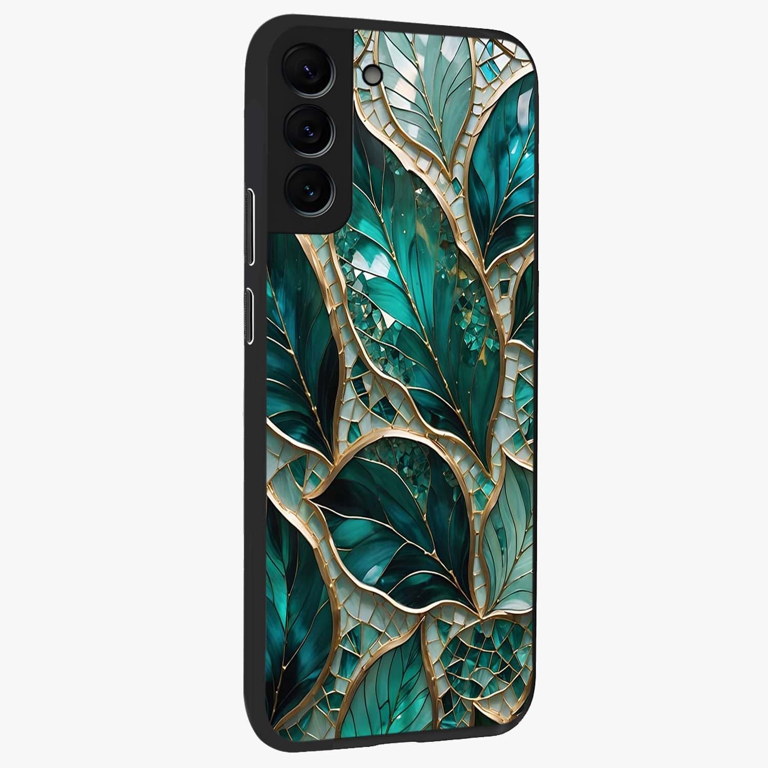 Emerald Leaf Glass Glass Case upright view showcasing fresh green leaf artwork with calming nature inspired style.