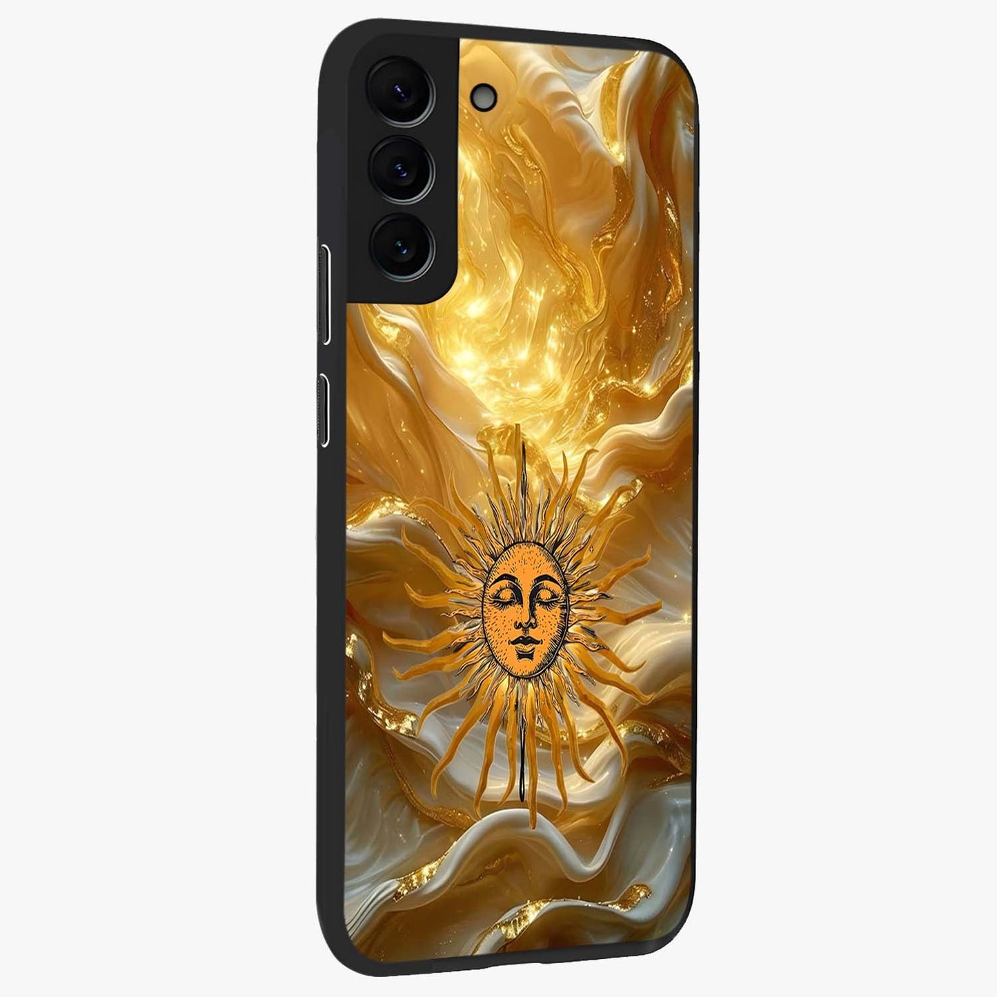 Eternal Golden Glow Glass Case upright view showcasing luminous golden artwork with luxurious visual theme.