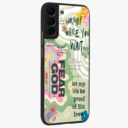 Faith Over Fear Glass Case upright view showcasing bold typography artwork with uplifting motivational theme.