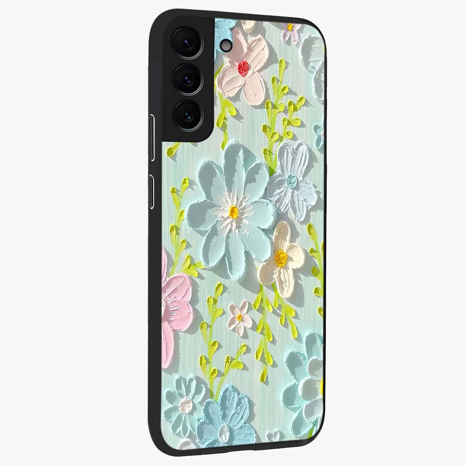 Frosted Petal Garden Glass Case upright view showcasing elegant floral garden artwork with soothing pastel theme.
