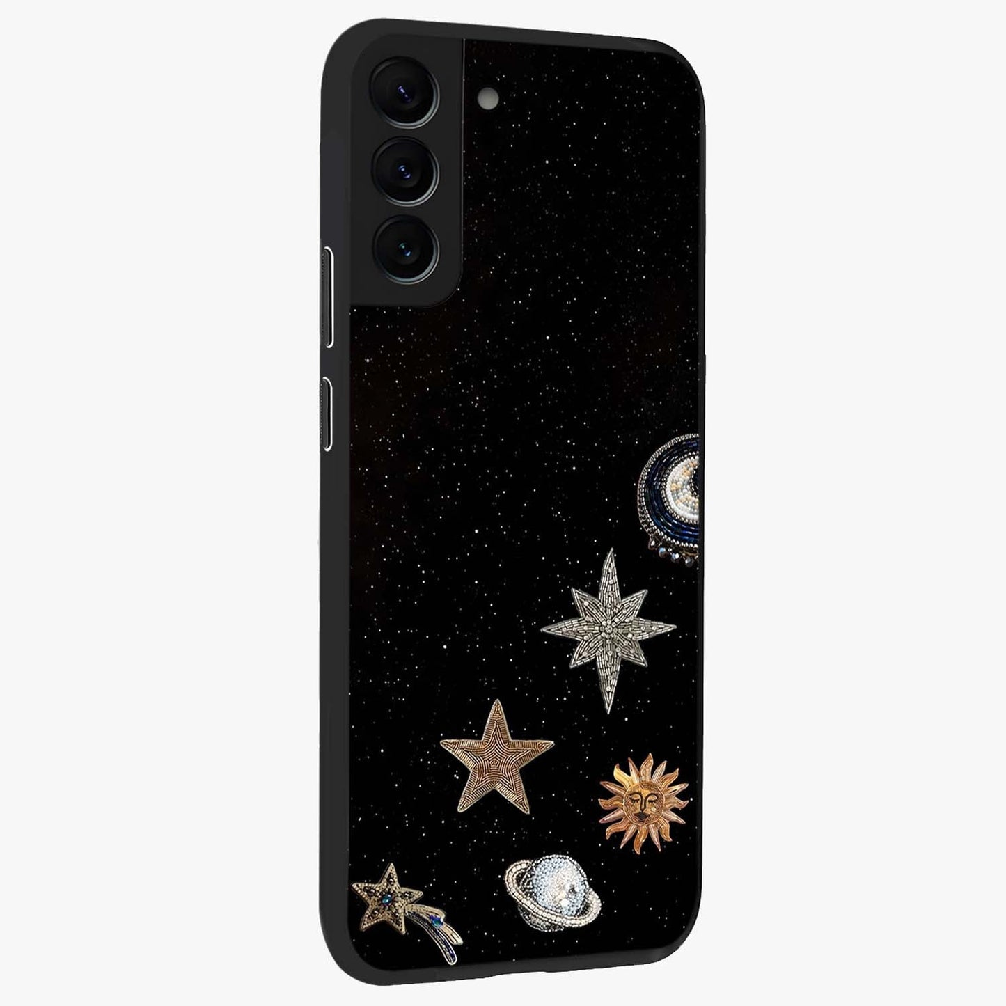 Galactic Charm Glow Glass Case upright view showcasing glowing cosmic charm artwork with magical celestial style.