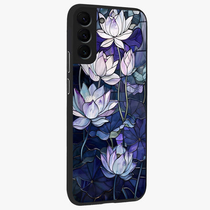 Gloss Petal Rush Glass Case upright view showcasing dynamic floral petal artwork with modern botanical theme.