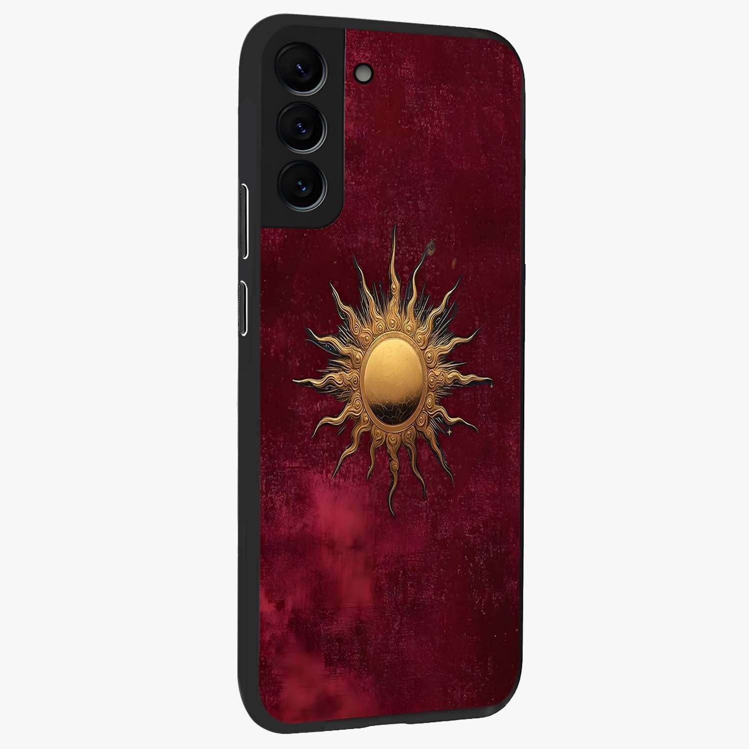 Golden Sun Minimalism Glass Case upright view showcasing simple golden sun artwork with elegant minimalist style.