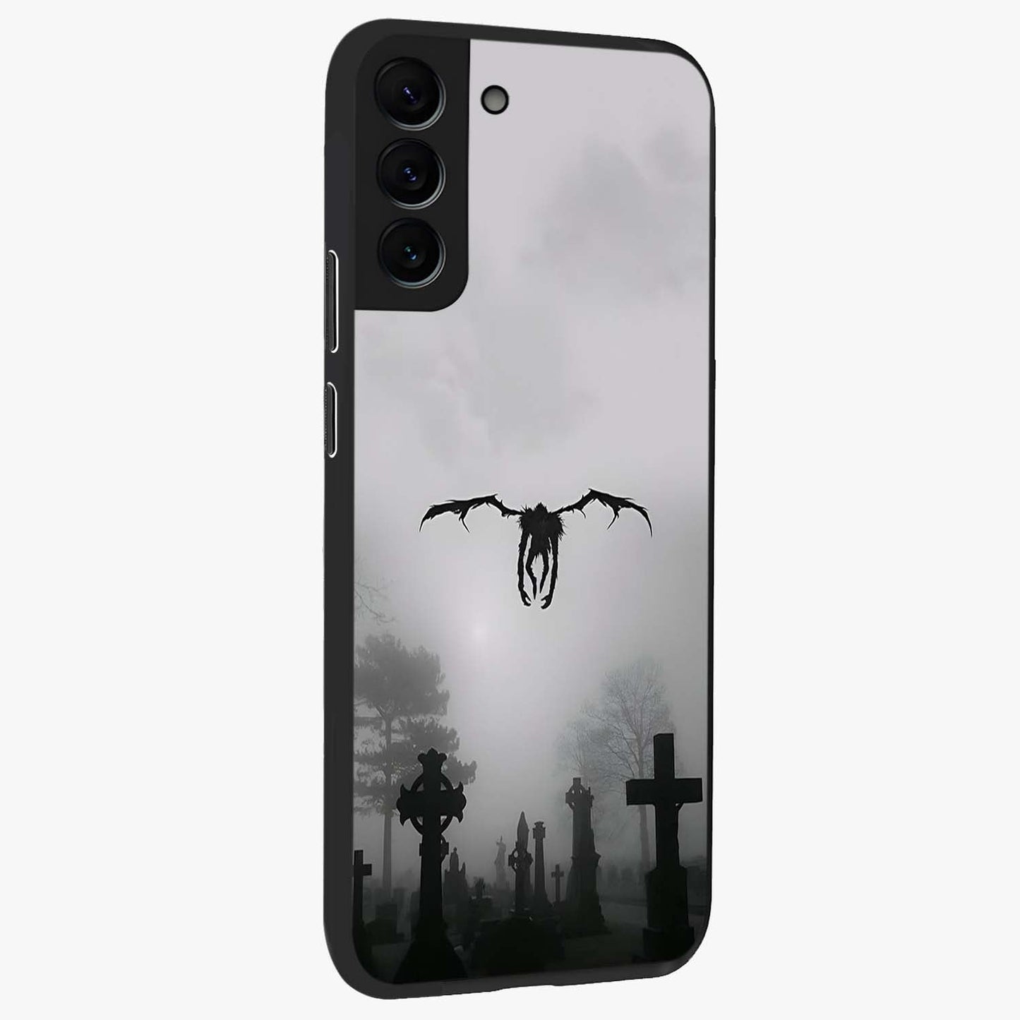 Graveyard Shadow Descent Glass Case upright view showcasing haunting graveyard artwork with dramatic dark theme.
