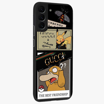 Gucci Play Mashup Glass Case upright view showcasing trendy luxury inspired artwork with modern fashion theme.