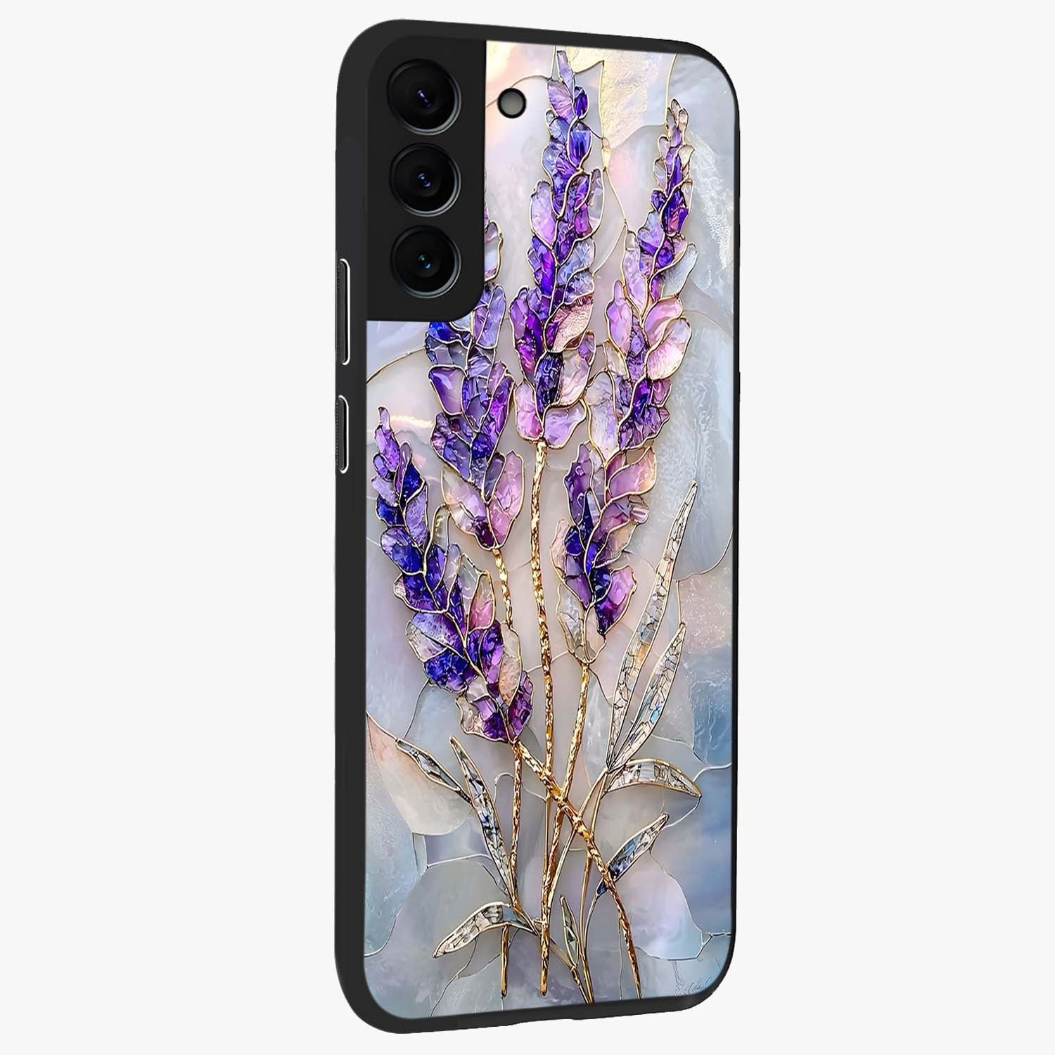 Lavender Dream Glow Glass Case upright view showcasing radiant lavender glow artwork with calming dreamy theme.