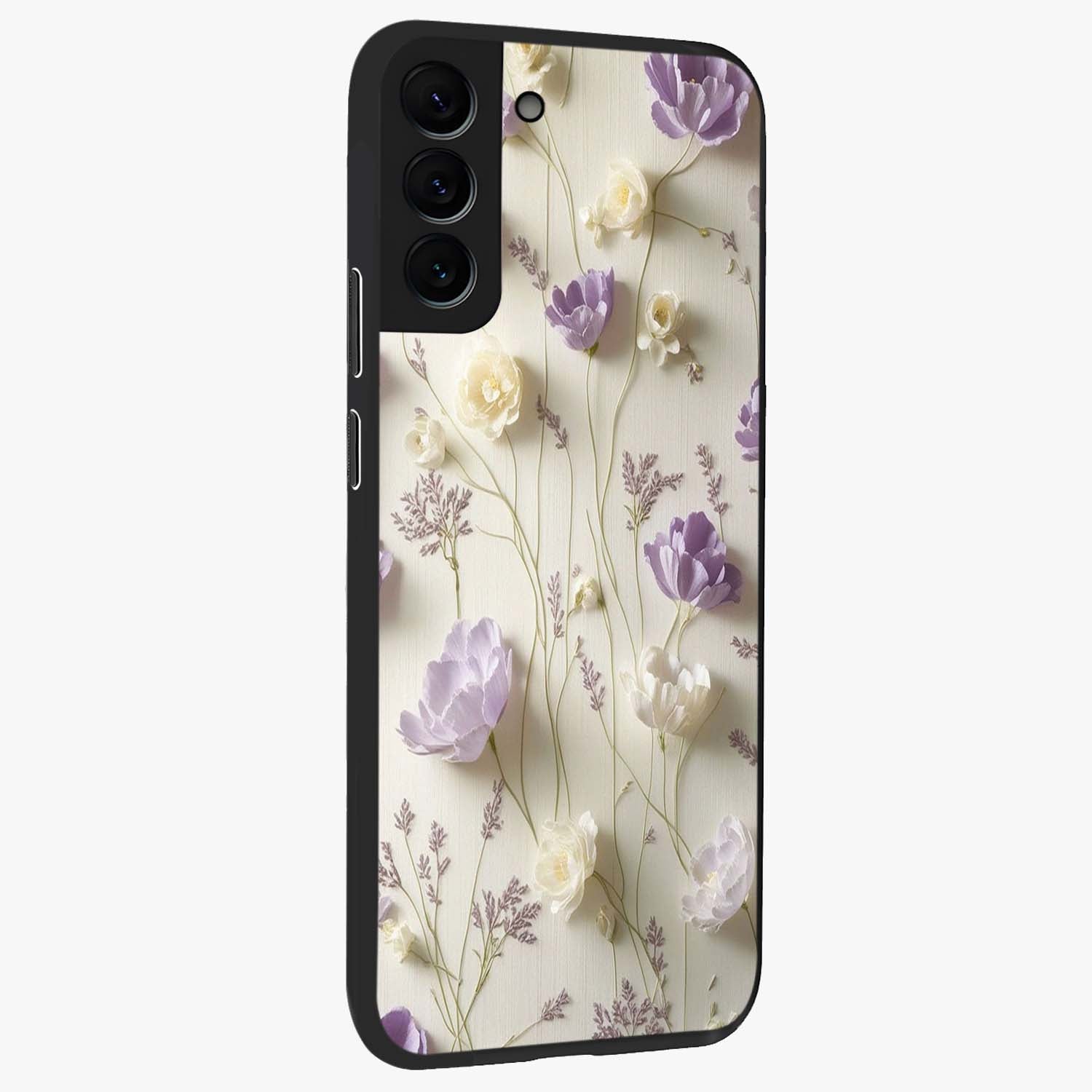 Lilac Breeze Harmony Glass Case upright view showcasing delicate lilac artwork with peaceful floral theme.