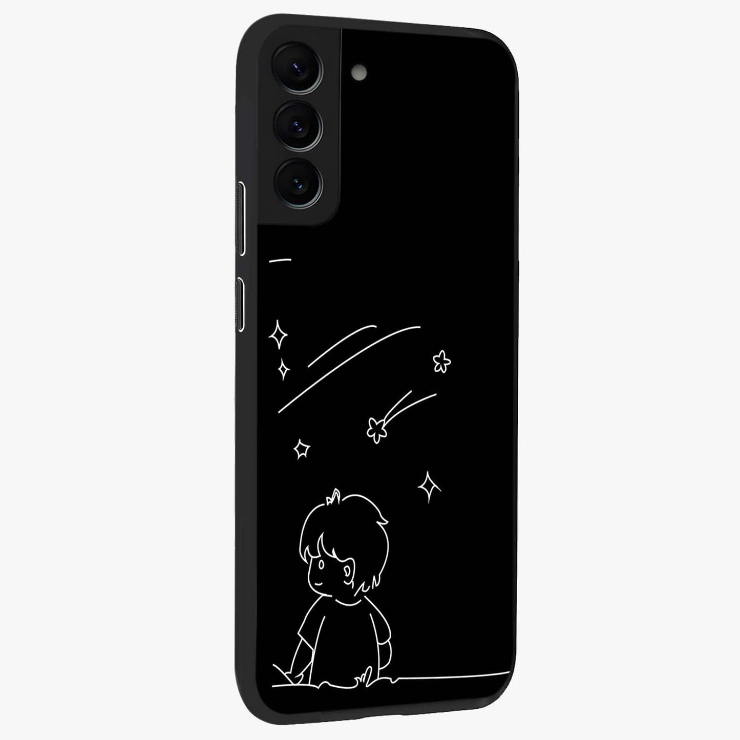 Line Art Boy With Shooting Stars Glass Case upright view showcasing artistic shooting star illustration with minimal style.