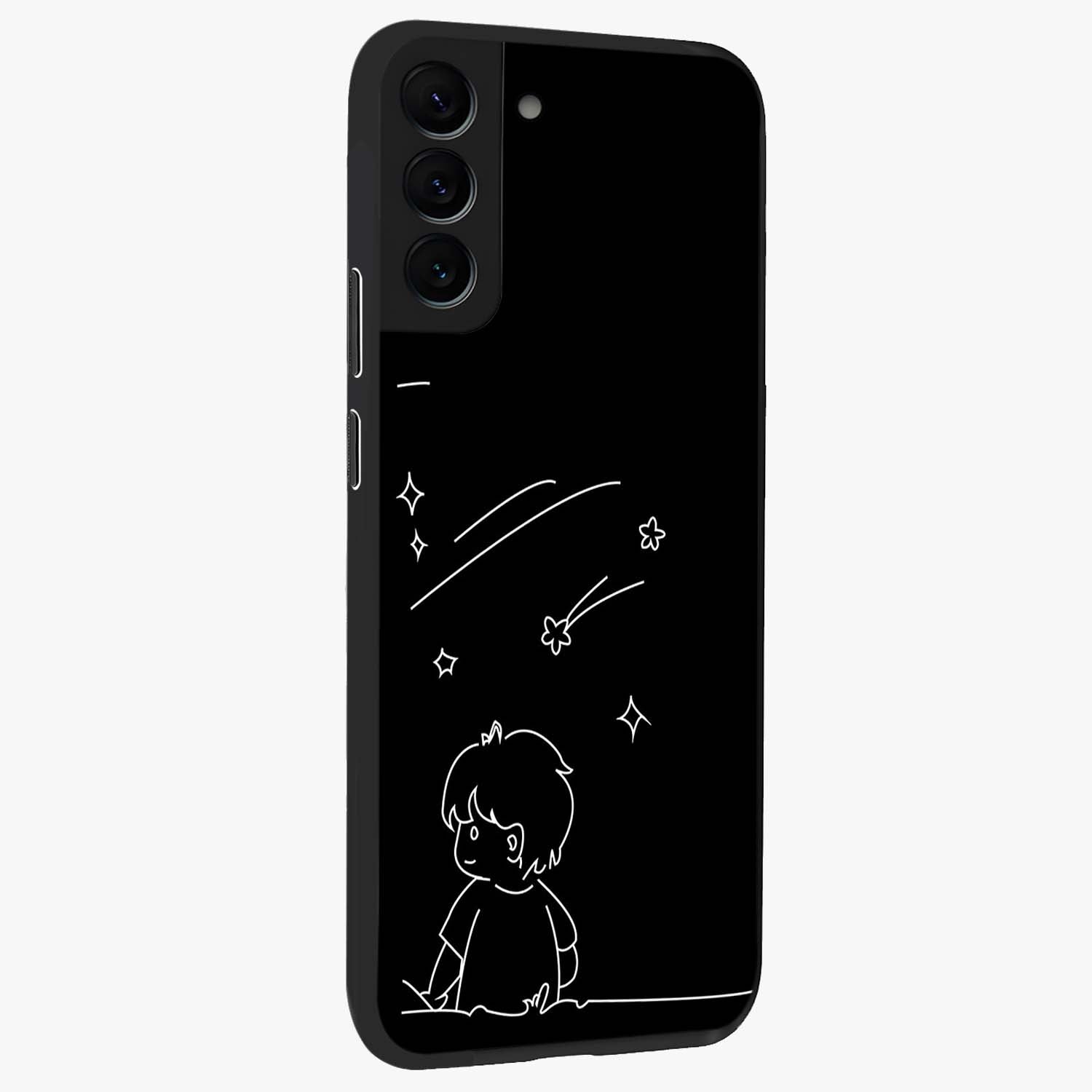 Line Art Boy With Shooting Stars Glass Case upright view showcasing artistic shooting star illustration with minimal style.