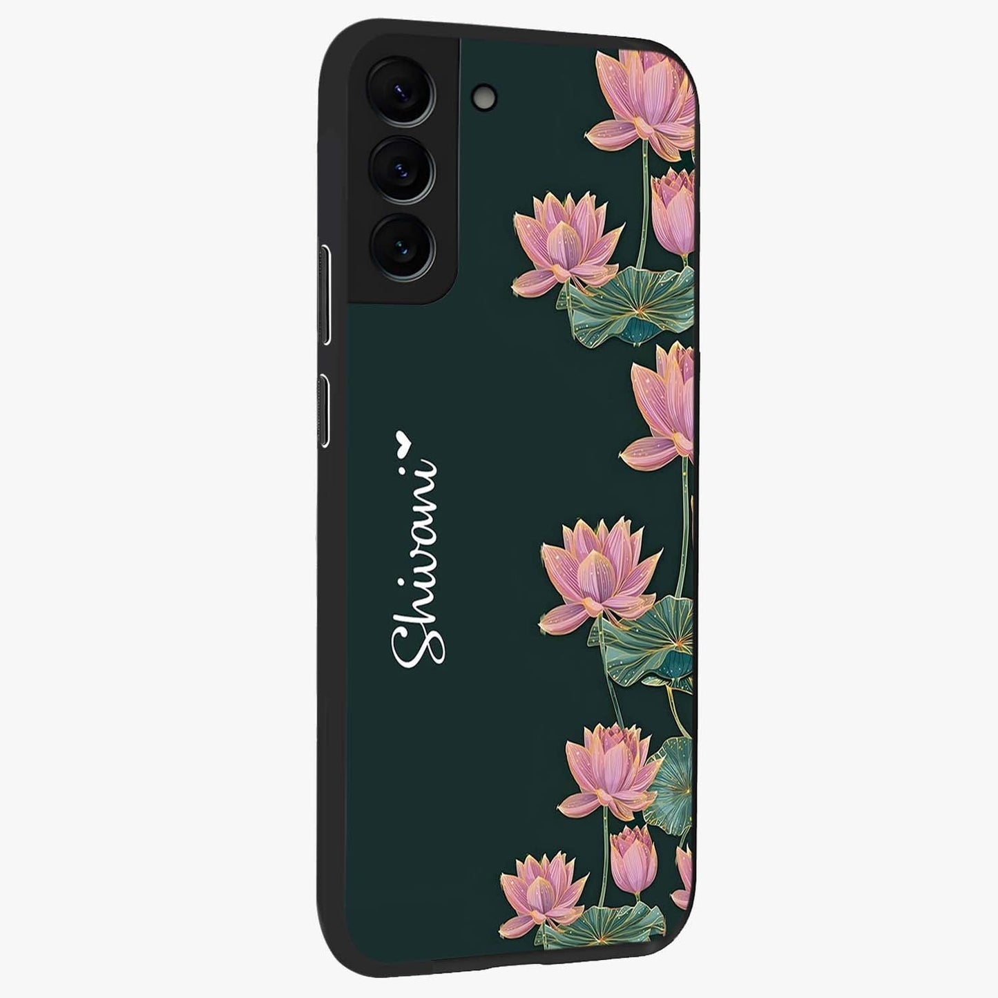 Lotus Bloom Serenity Custom Name Glass Case upright view showcasing serene lotus bloom artwork with personalized floral aesthetic.