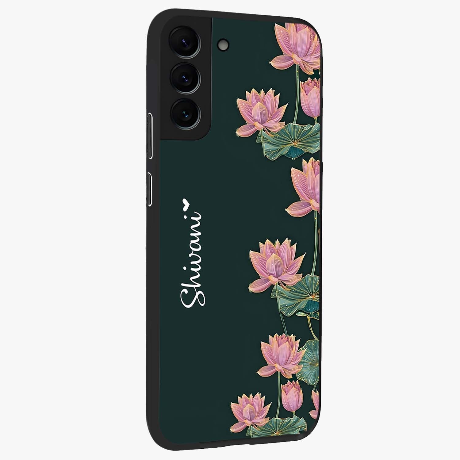 Lotus Bloom Serenity Custom Name Glass Case upright view showcasing serene lotus bloom artwork with personalized floral aesthetic.