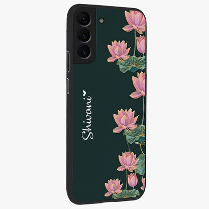 Lotus Bloom Serenity Custom Name Glass Case upright view showcasing serene lotus bloom artwork with personalized floral aesthetic.