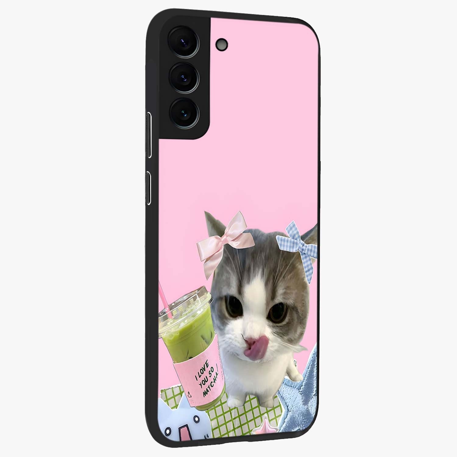 Love Matcha Cat Glass Case upright view showcasing adorable cat artwork with charming matcha themed design.