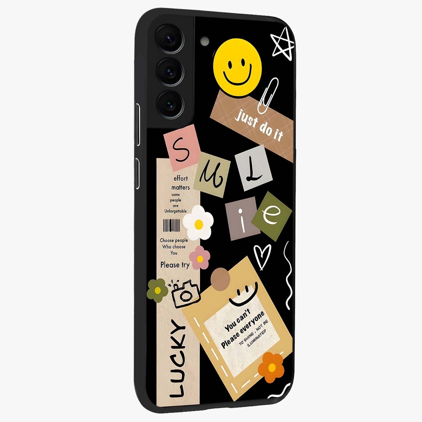 Lucky Aesthetic Collage Glass Case upright view showcasing vibrant collage artwork with youthful aesthetic theme.