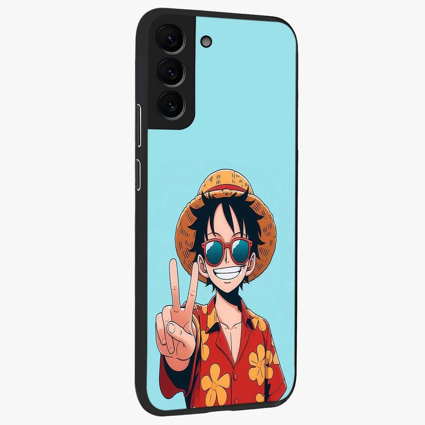 Luffy Summer Anime Vibe Glass Case upright view showcasing dynamic anime artwork with bright adventurous theme.