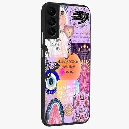 Manifestation Collage Glass Case upright view showcasing artistic manifestation themed artwork with creative style.
