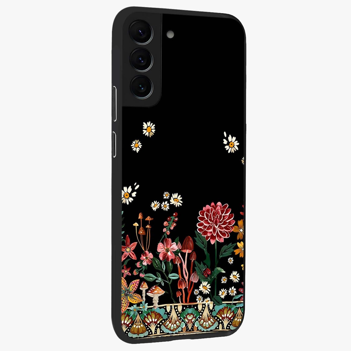 Midnight Bloom Pattern Glass Case upright view showcasing decorative floral artwork with deep night themed palette.