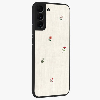 Minimalistic Blue With White Flower Pattern Glass Case upright view showcasing clean white flower artwork with calming blue theme.